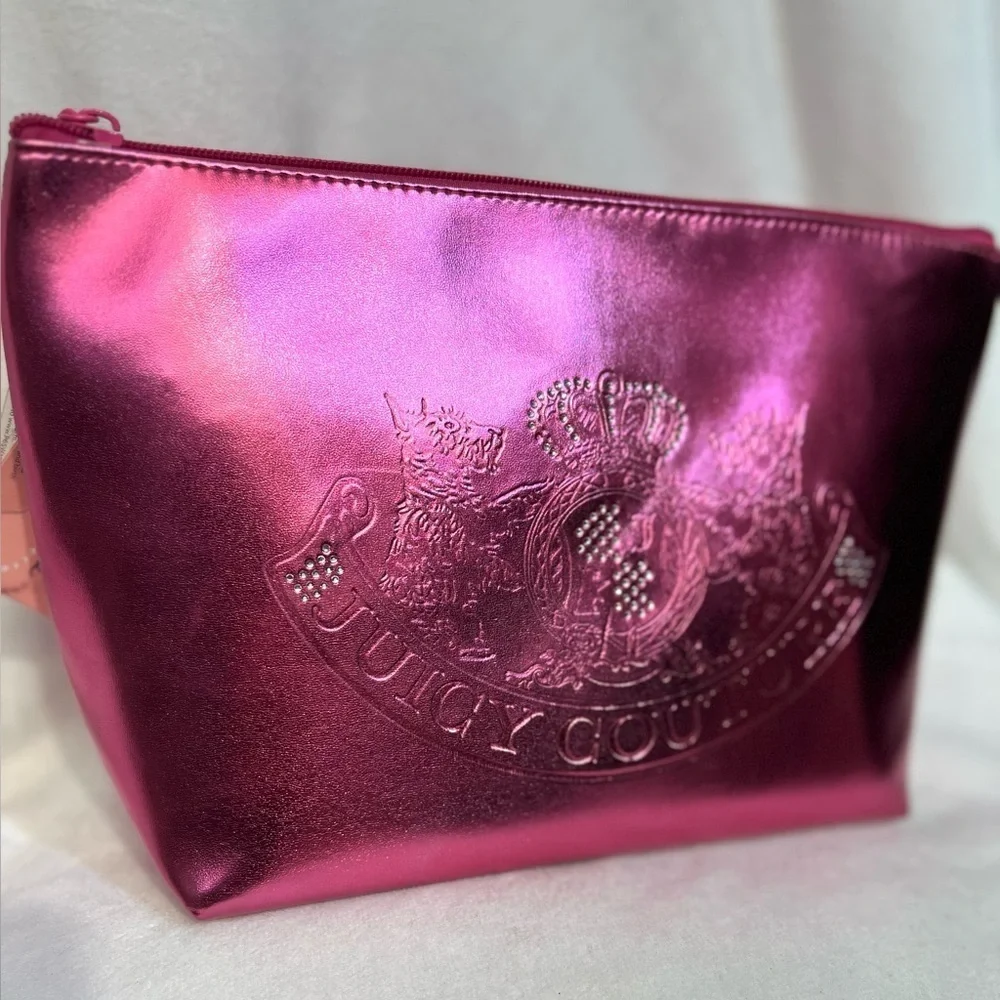 👑 🩷Juicy Couture  Pink Metallic Cosmetic Bag AND EMPTY TOILETRY BOTTLE 🩷NWT